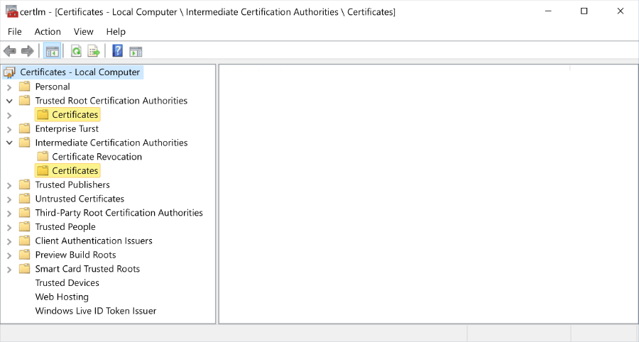 Hiérarchie de certificats affichée sur l’ordinateur local.