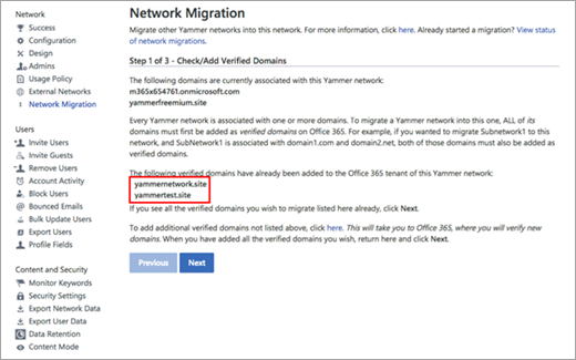 Page de migration réseau montrant plusieurs réseaux qui doivent être consolidés.