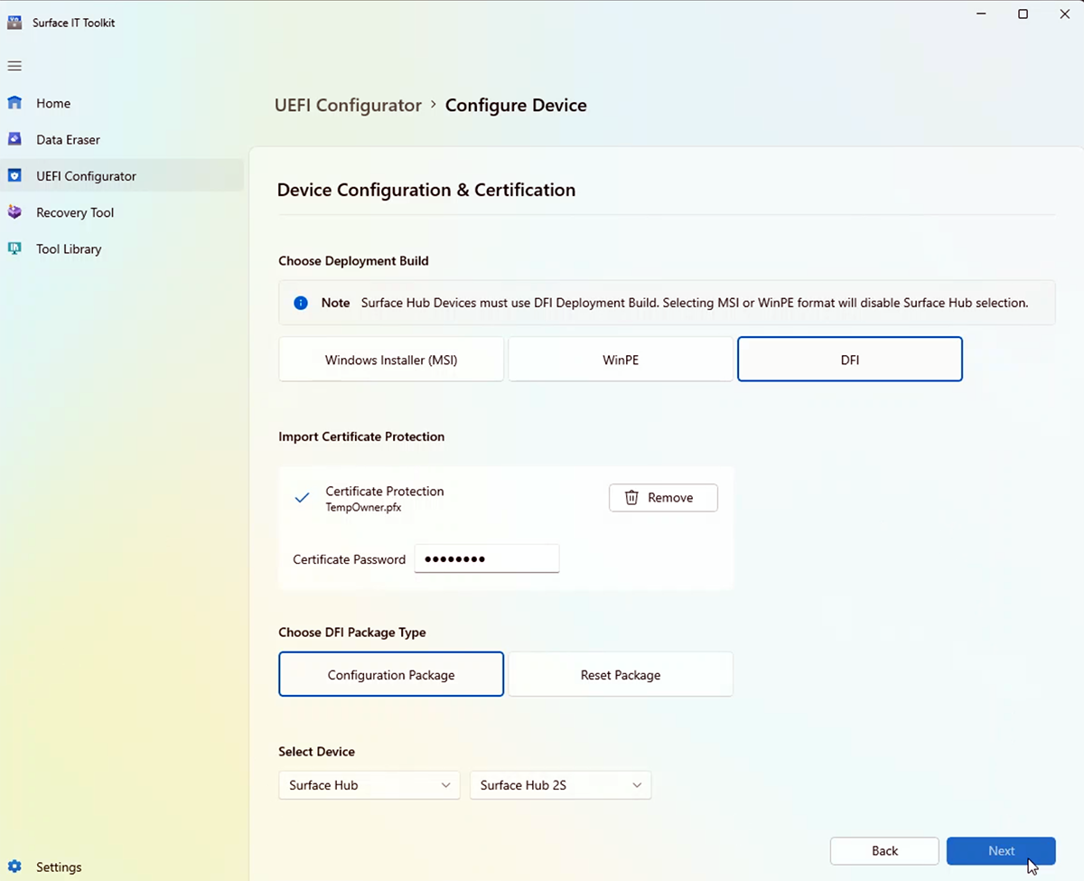Capture d’écran des paramètres de configuration UEFI pour Surface Hub 2S.