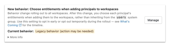 Access control workspace setting in its legacy state before opt-in or migration.