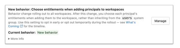 Access control workspace setting after opt-in showing the new behavior is active.