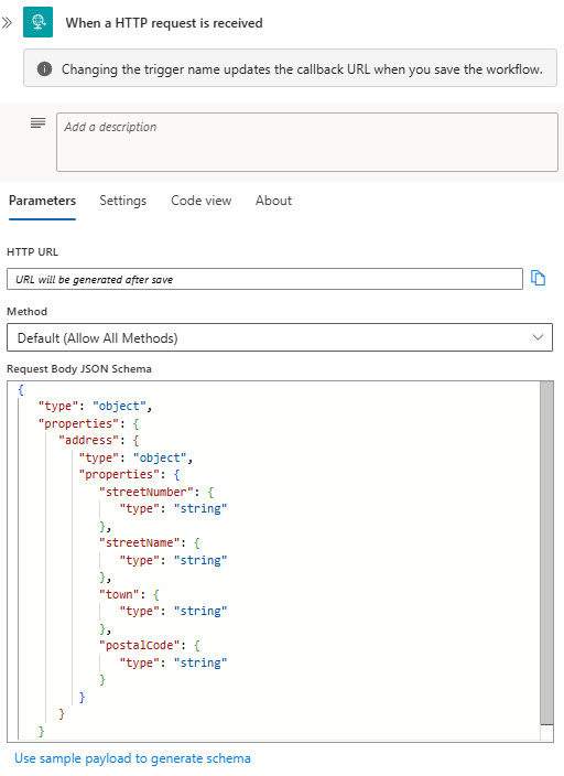 Screenshot shows Standard workflow with Request trigger and Request Body JSON Schema parameter with example schema.