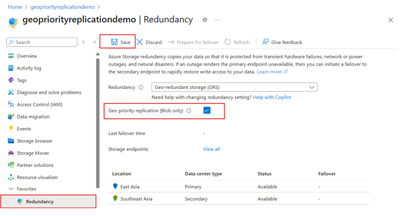 Screenshot showing the location of the geo priority replication checkbox for enabling existing accounts.