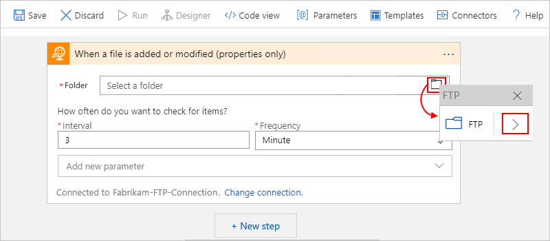 Screenshot shows Consumption workflow designer, FTP trigger, and "Folder" property where browsing for folder to select.