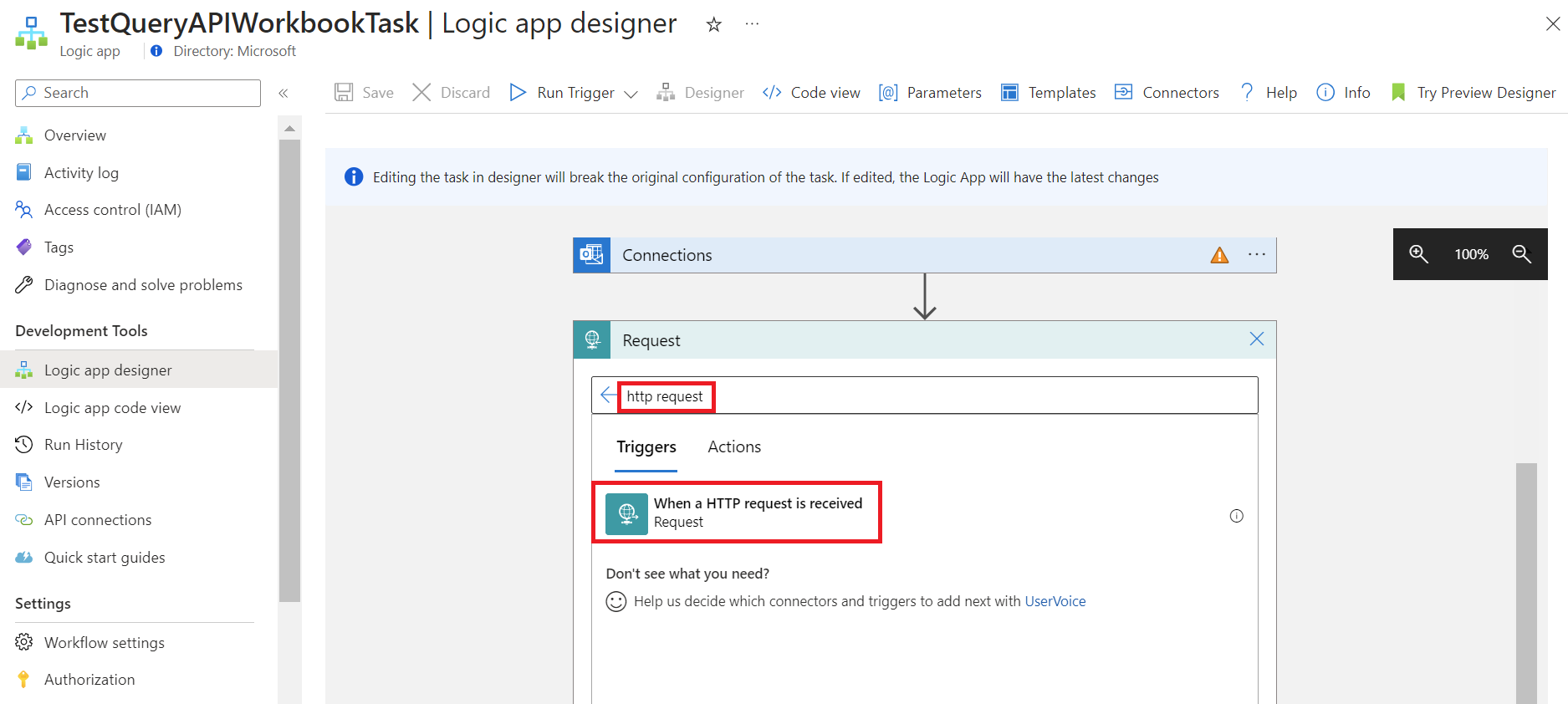 Screenshot showing the When an HTTP request is received trigger.