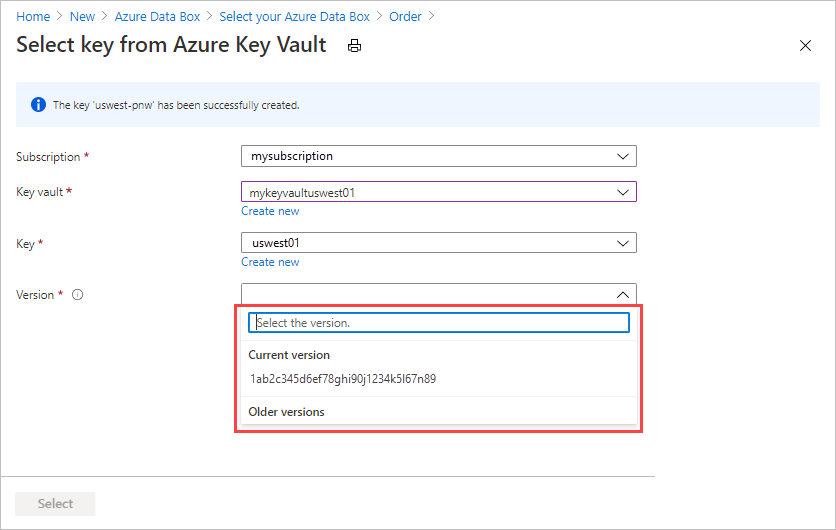Screen capture confirming the creation of a new Azure Key Vault key used to provide a customer-managed key in the Data Box export order's Security tab.
