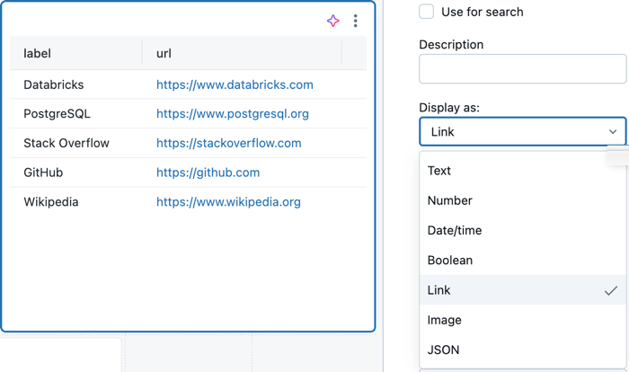 Table visualization with Display as options shown. Link is selected.