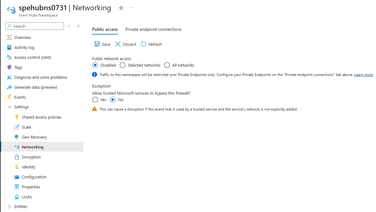 Screenshot of the Networking page with public network access as Disabled.