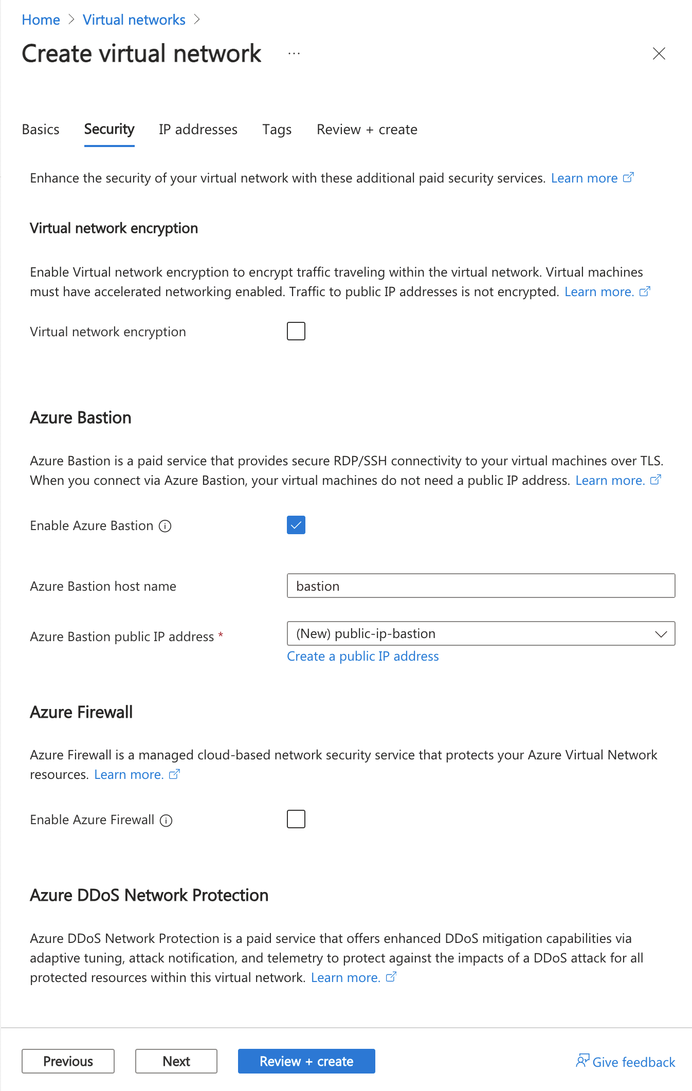Screenshot of enable bastion host in Create virtual network in the Azure portal.