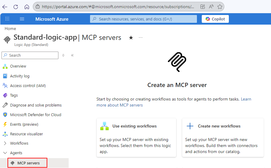 Screenshot shows the Azure portal, Standard logic app resource, and MCP servers page.