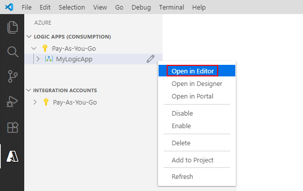 Open editor for existing logic app