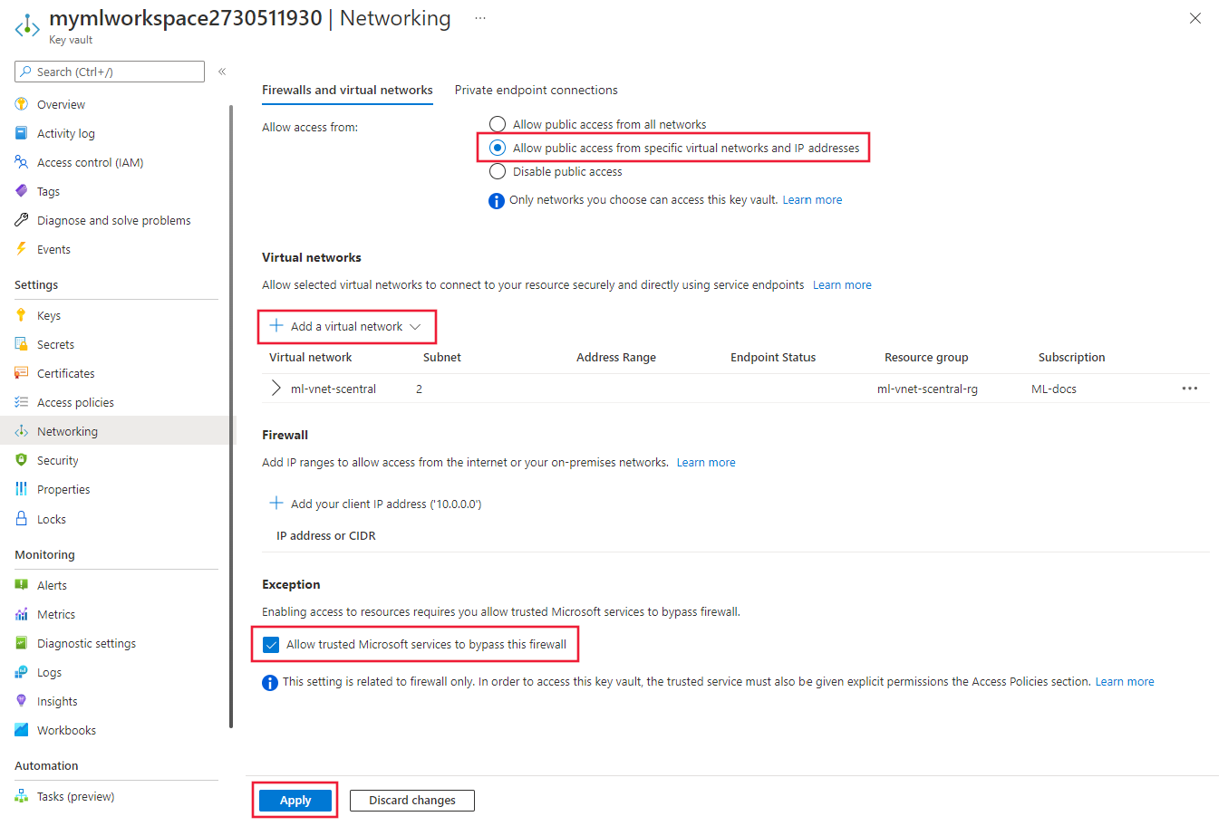 The Firewalls and virtual networks section in the Key Vault pane