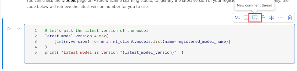 Screenshot of add a comment to a code cell tool.