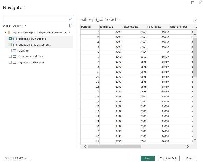 Screenshot of navigator to view Azure Database for PostgreSQL flexible server instance tables.