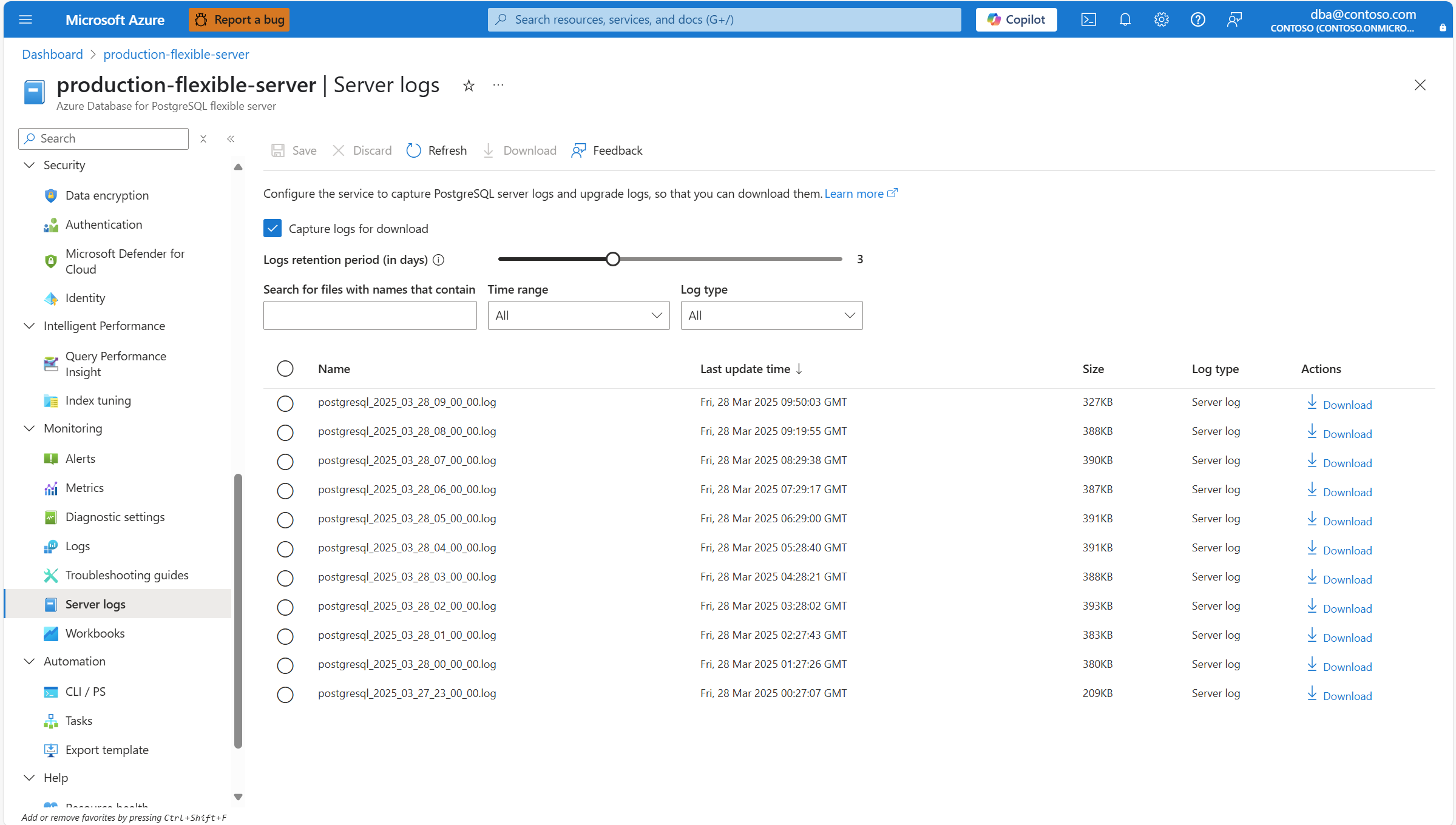 Screenshot showing the Server logs page with some logs captured and highlighting column headers.