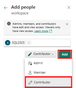 Screenshot of the Add people dialogue, where you add each node to the Fabric Contributor role.