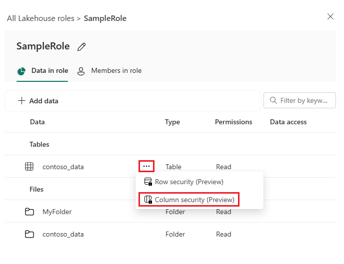 Screenshot that shows selecting 'column security' to edit permissions on a table.