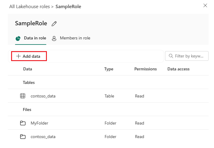 Screenshot that shows selecting 'add data' to edit a security role.
