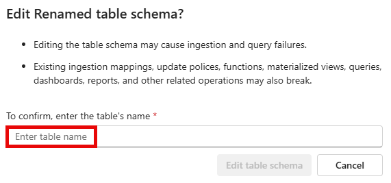 Screenshot of the confirmation window with the table name field highlighted.