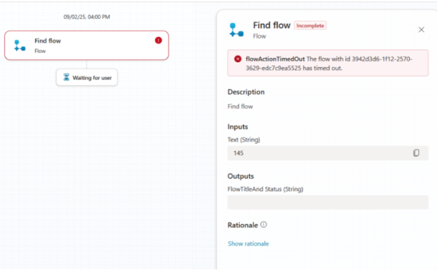 Screenshot of agent flow timeout warning.