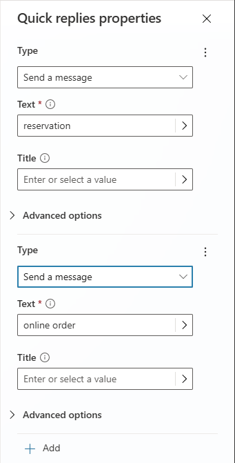 Screenshot of the 'Quick replies properties' panel.