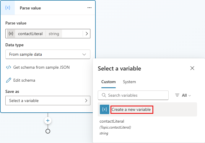 Screenshot showing how to create a variable to hold a parsed value directly from the Parse value node.