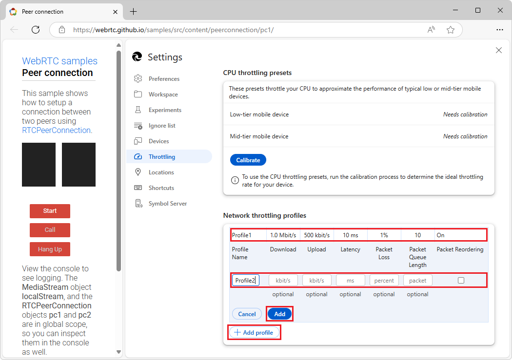 Creating a new profile in the Throttling tab