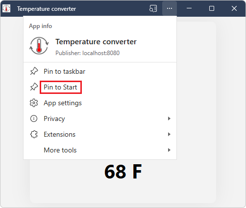 The "Pin to start" command in an installed PWA's "Settings and more" menu