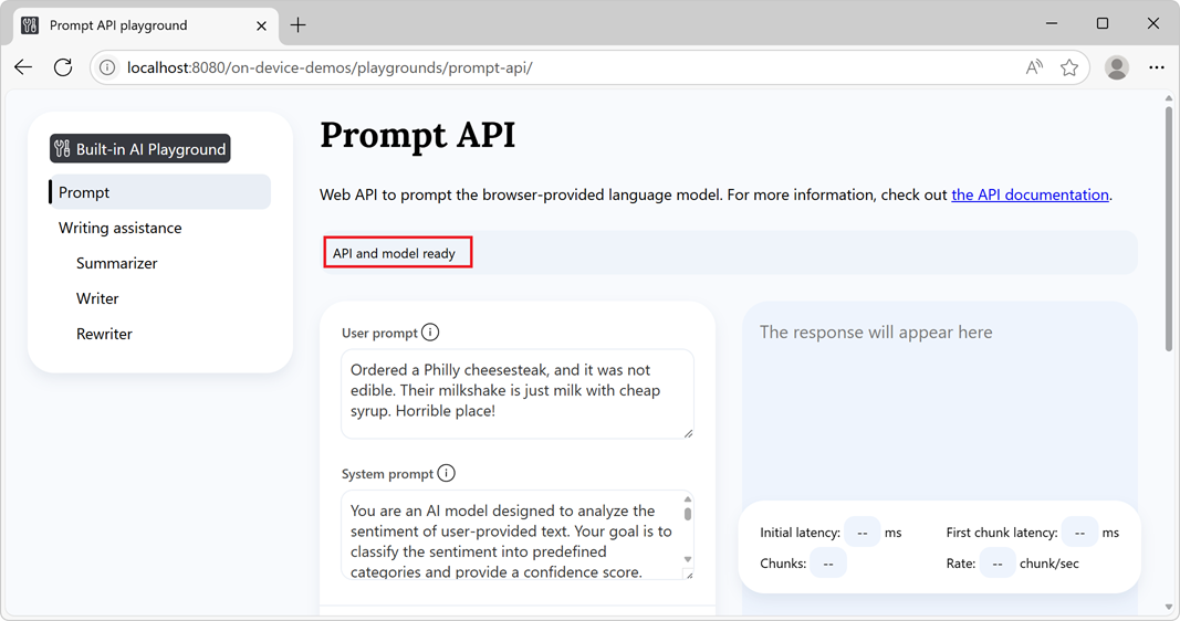 Status indicator showing API and model ready