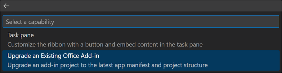 The options in the App Features Using an Office Add-in dropdown menu. The 'Upgrade an Existing Office Add-in' option is selected.