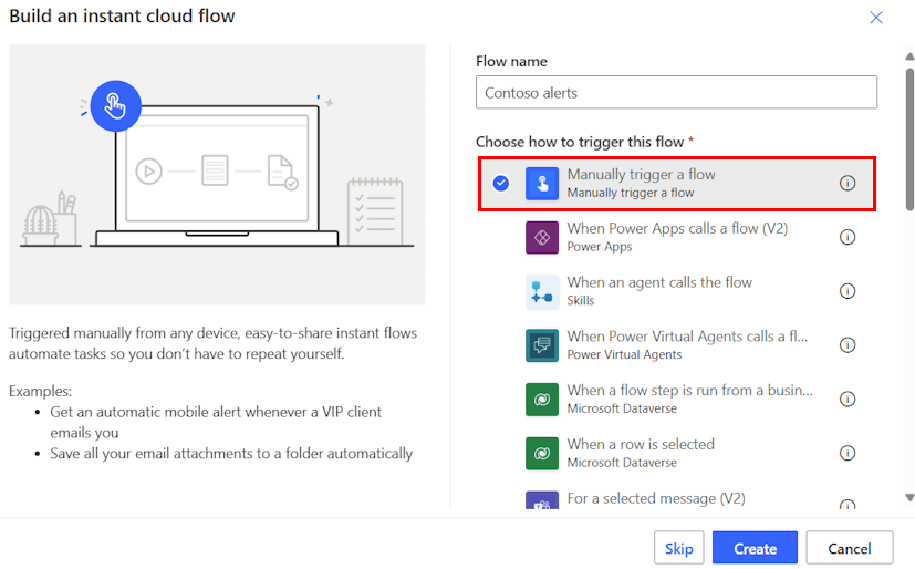 Screenshot of some of the triggers available for instant cloud flows.