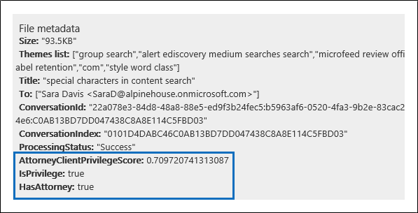 Screenshot of file metadata showing attorney-client privilege properties, including AttorneyClientPrivilegeScore, HasAttorney, and IsPrivilege values.