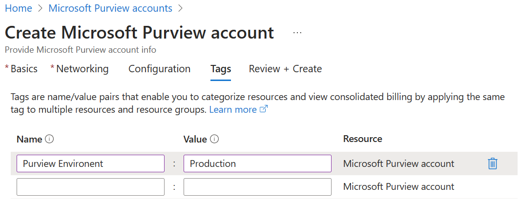 Screenshot showing the tags tab, with a Purview environment tag added with the value Production.