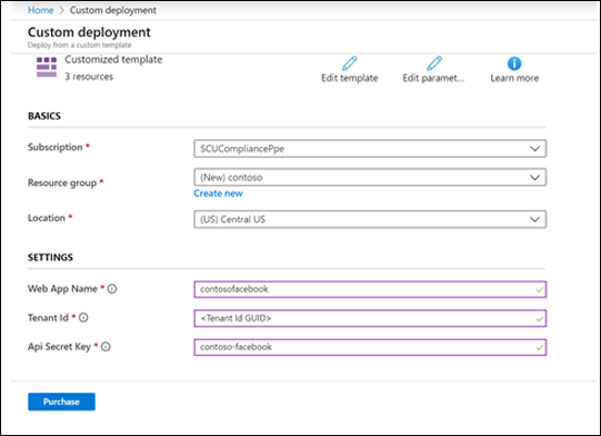 Screenshot of the Azure portal custom template page with Basics and Settings fields for the connector deployment.