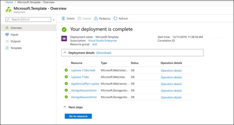 Screenshot of the Azure portal showing a successful connector web service deployment.