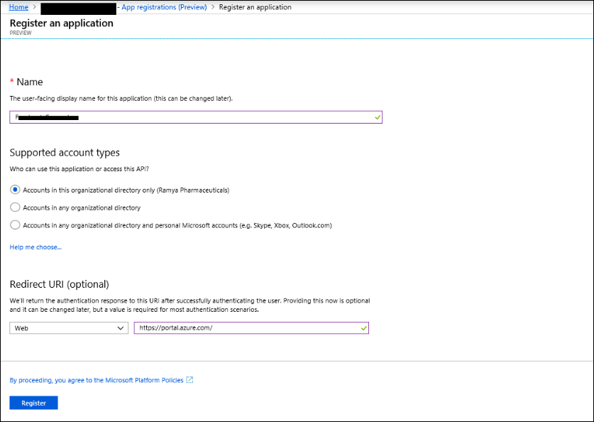 Screenshot of the app registration settings showing the redirect URI configured to the Azure portal.