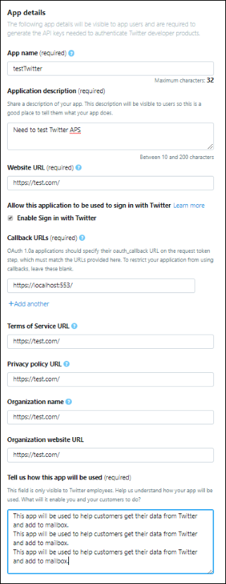 Screenshot of the Twitter App details form for entering application information.