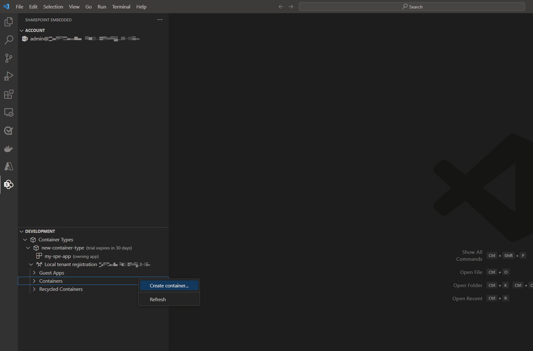 Screenshot of the SharePoint Embedded tree in Visual Studio Code. A container type is expanded, the Containers node is right-clicked, and the Create container command is selected.