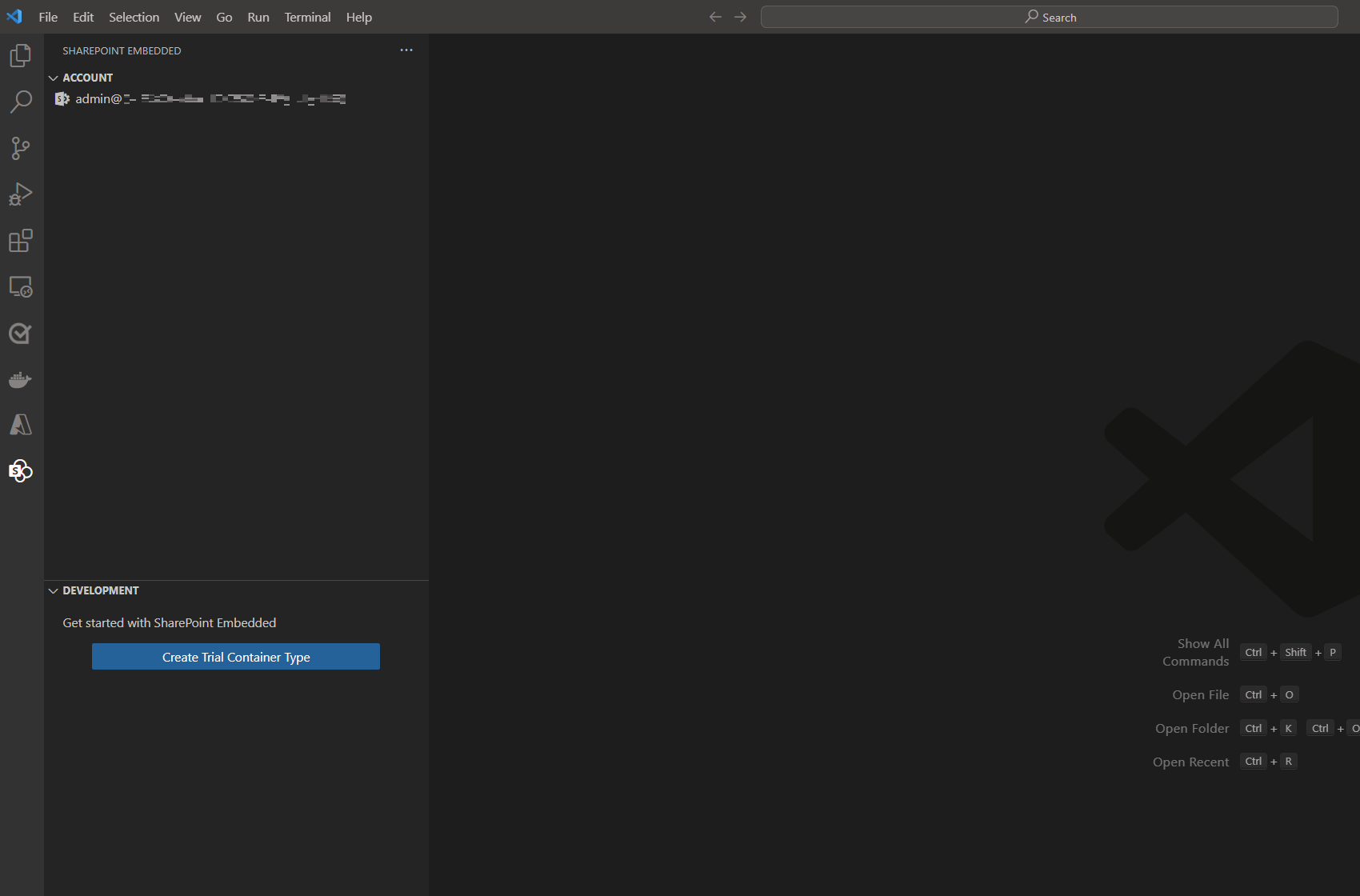 Screenshot of the SharePoint Embedded home view in Visual Studio Code after sign-in. The view lists actions to create a container type and load a sample app.
