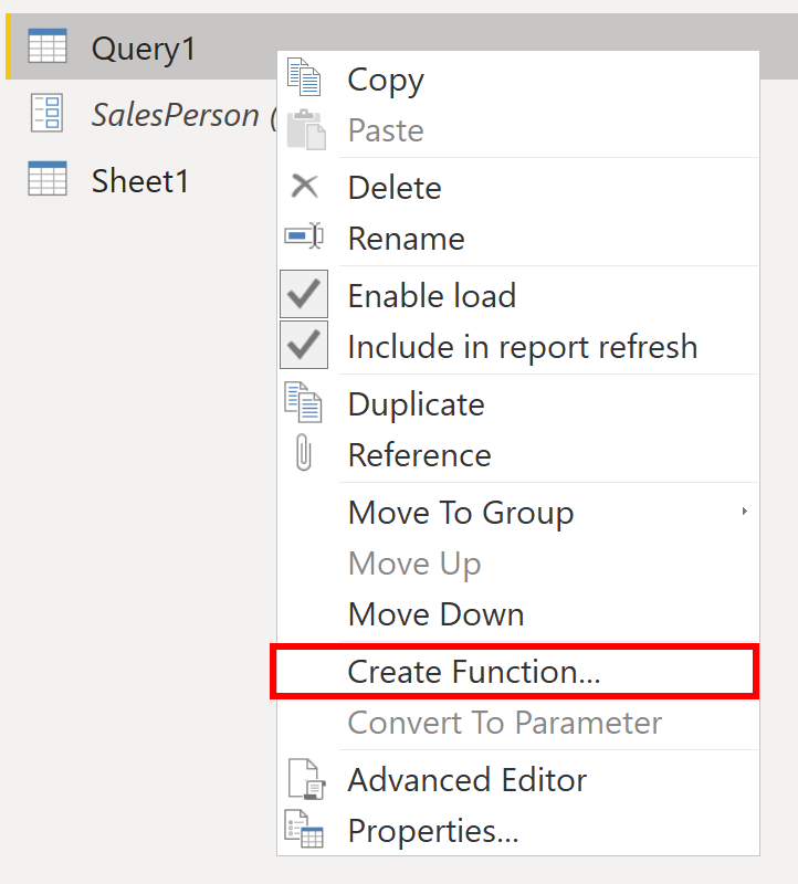 Select create function option for query