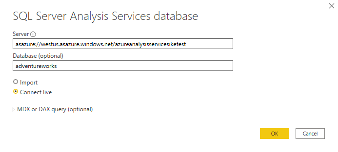 Screenshot of the SQL Server Analysis Services database dialog.