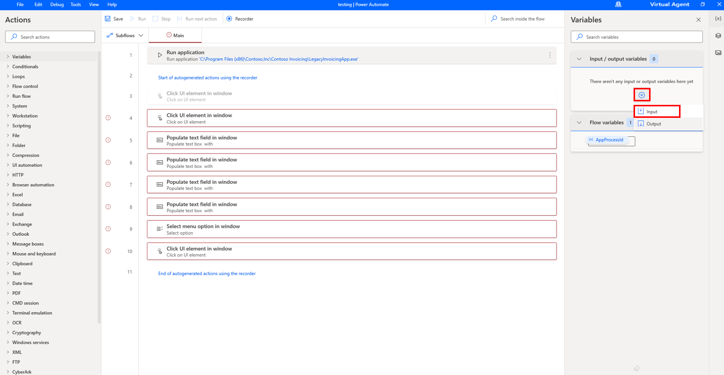Screenshot of Actions in Power Automate for desktop, with Variables selected and the plus sign icon selected to reveal the Input and Output options.