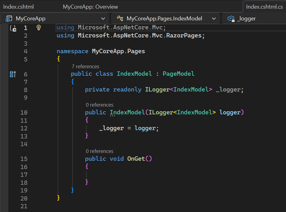 Screenshot shows the Index.cshtml.cs file open in the Visual Studio Code editor.