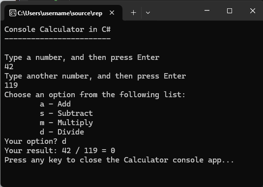 Screenshot of a Console window that shows the Calculator app returning an inexact whole number as a result.