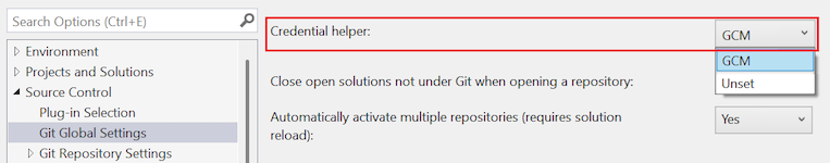 Screenshot that shows the 'Credential helper' option with 'GCM' selected in the dropdown list.
