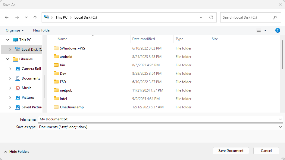A screenshot of a save file picker with a suggested file name "My Document" and file type "Documents" (.txt, .doc, .docx).