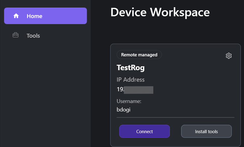 Connect Device Workspace screen