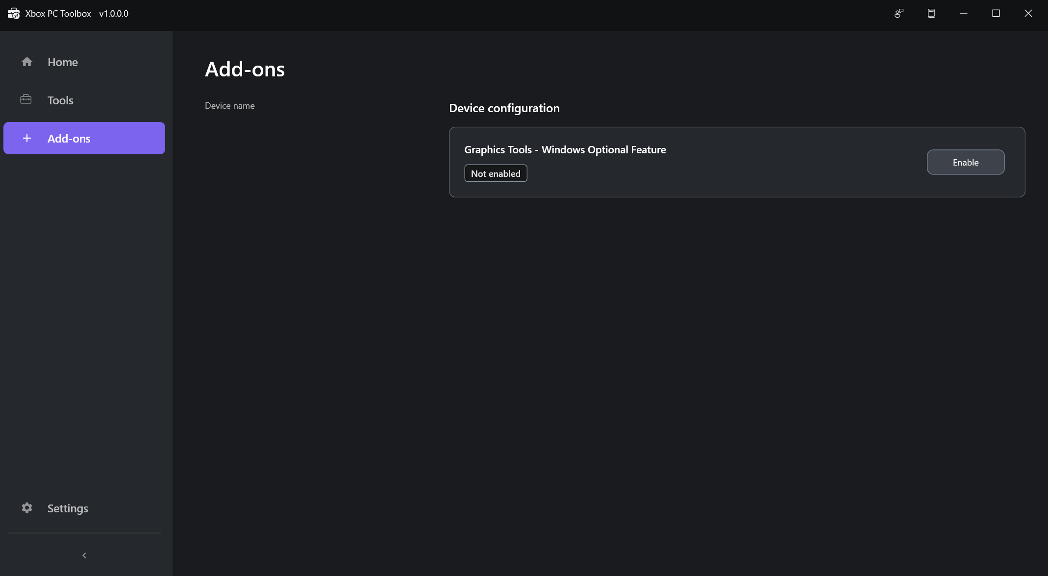 Add-on management screen in XBOX PC Toolbox