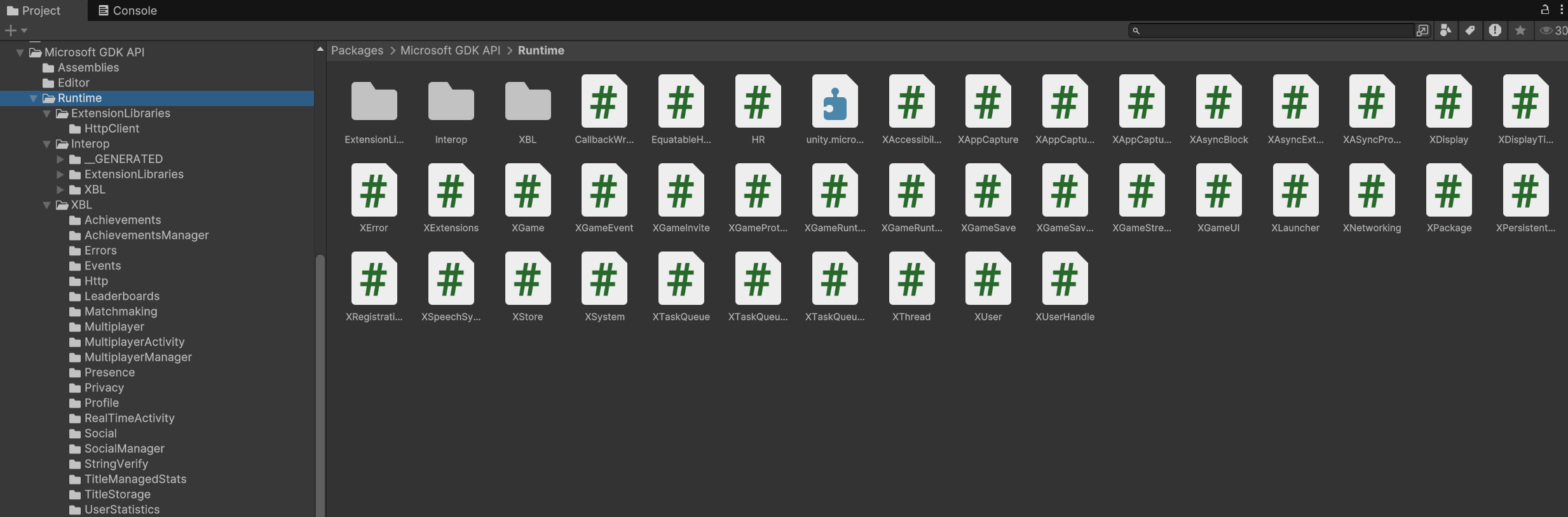 C# wrappers within the Microsoft GDK API package for Unity in the Packages window.