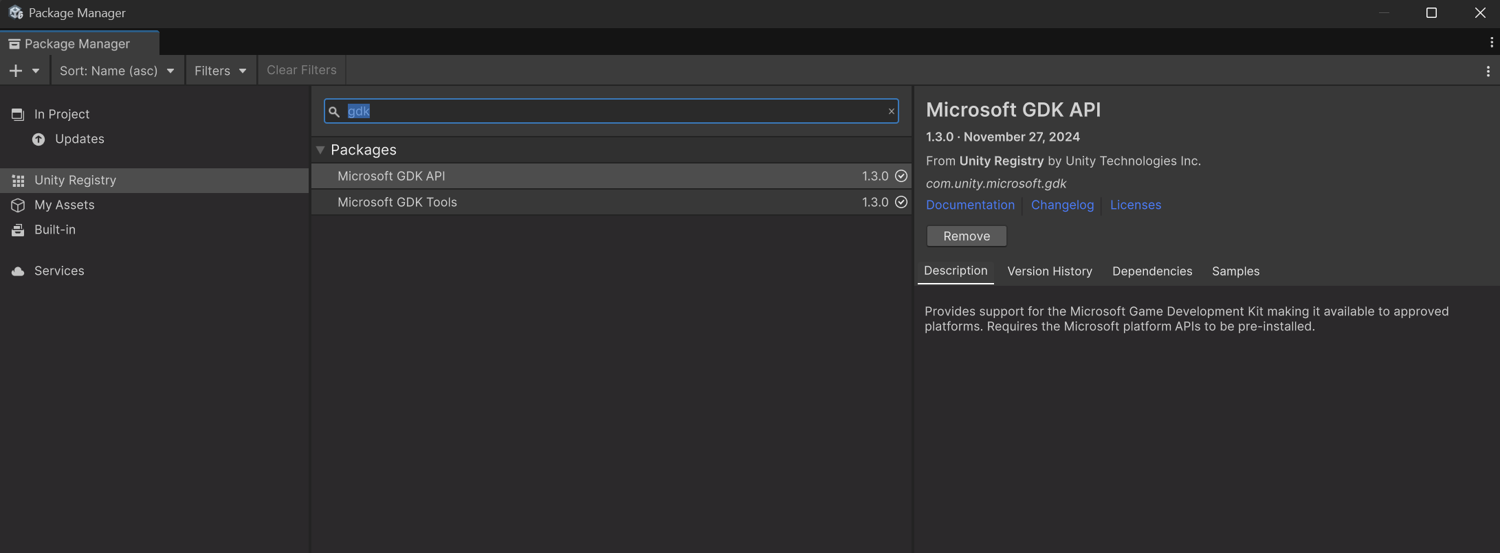 Overview of searching for the packages in the Unity registry in Unity 6.